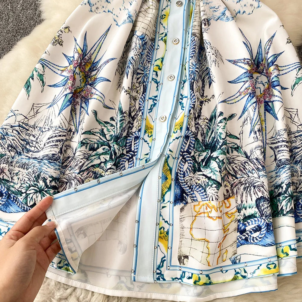 Women Dresses 2023 Short Puff Sleeve Fashion Vintage Print Dress Notched Lapel Front Button Up Elegant Shirt Dress With Belt