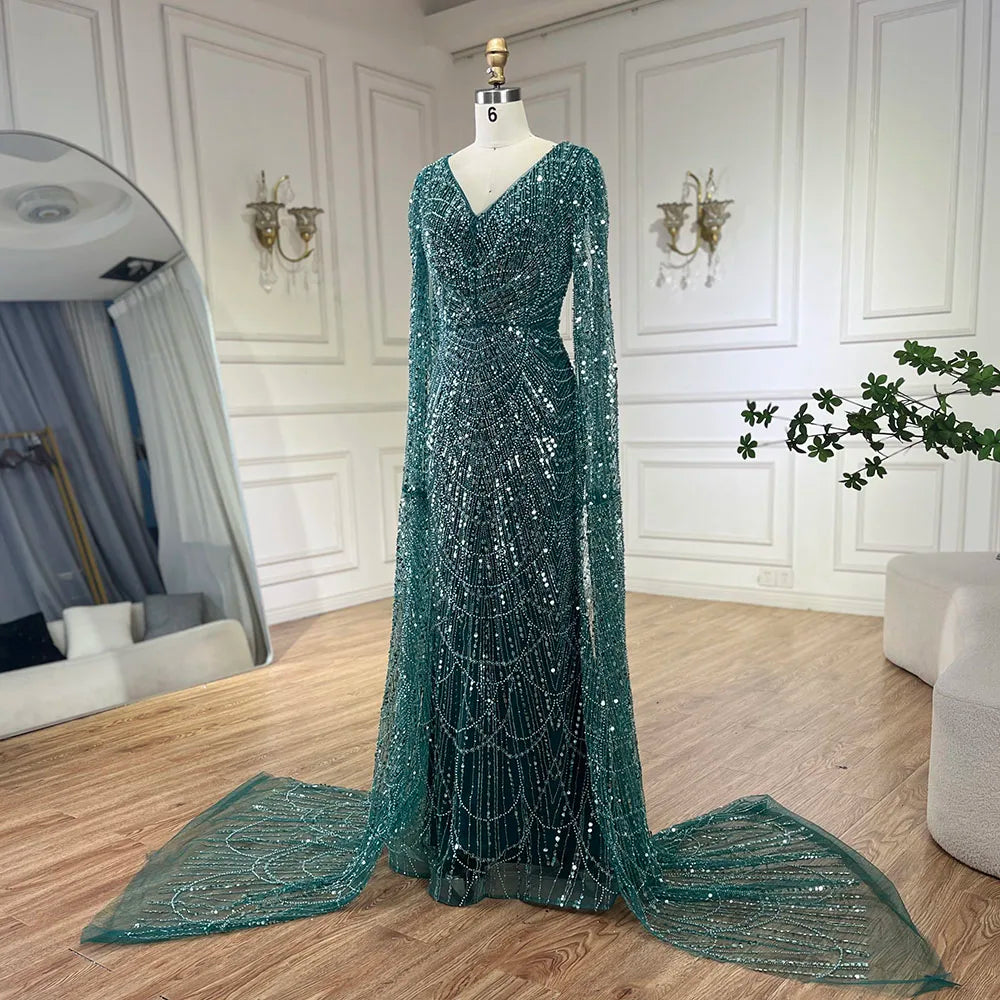 Serene Hill Arabic White Luxury Pearls Beaded Mermaid Cape Sleeves Evening Gowns 2024 For Women Wedding Party LA72160