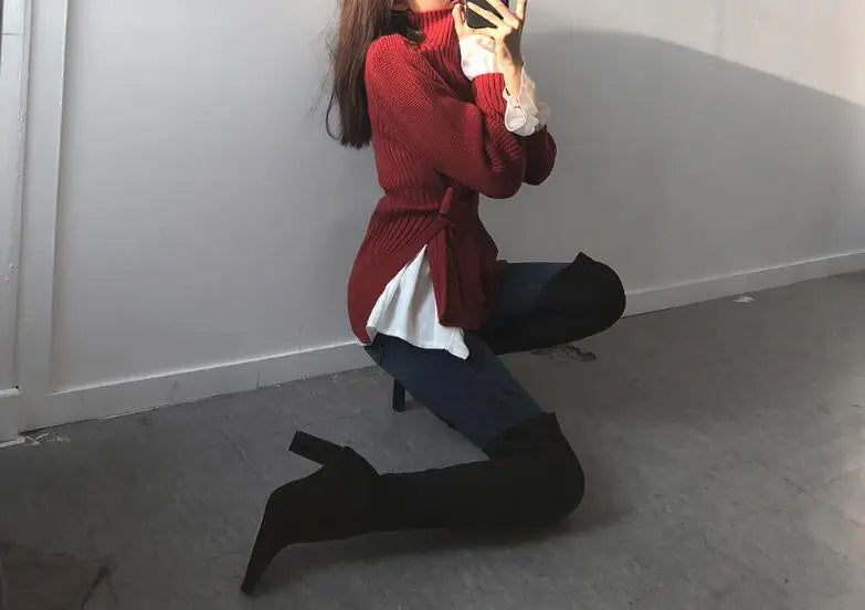 Elegant Half High Collar Strap Waist Tight Fit Design Fashionable Long Sleeve Sweater Women's Autumn/Winter New Warm Sweaters