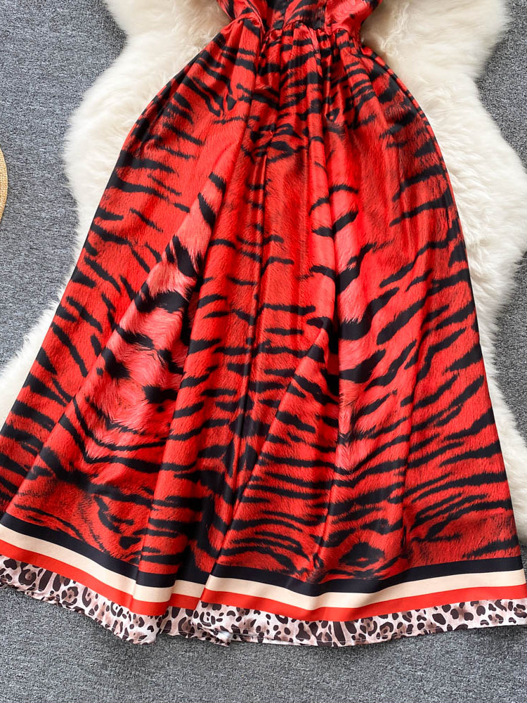 Women Vintage Party Dress Summer Leopard Print Three-dimensional Midi Dresses Ladies Elegant A Line High Waist Long Robe