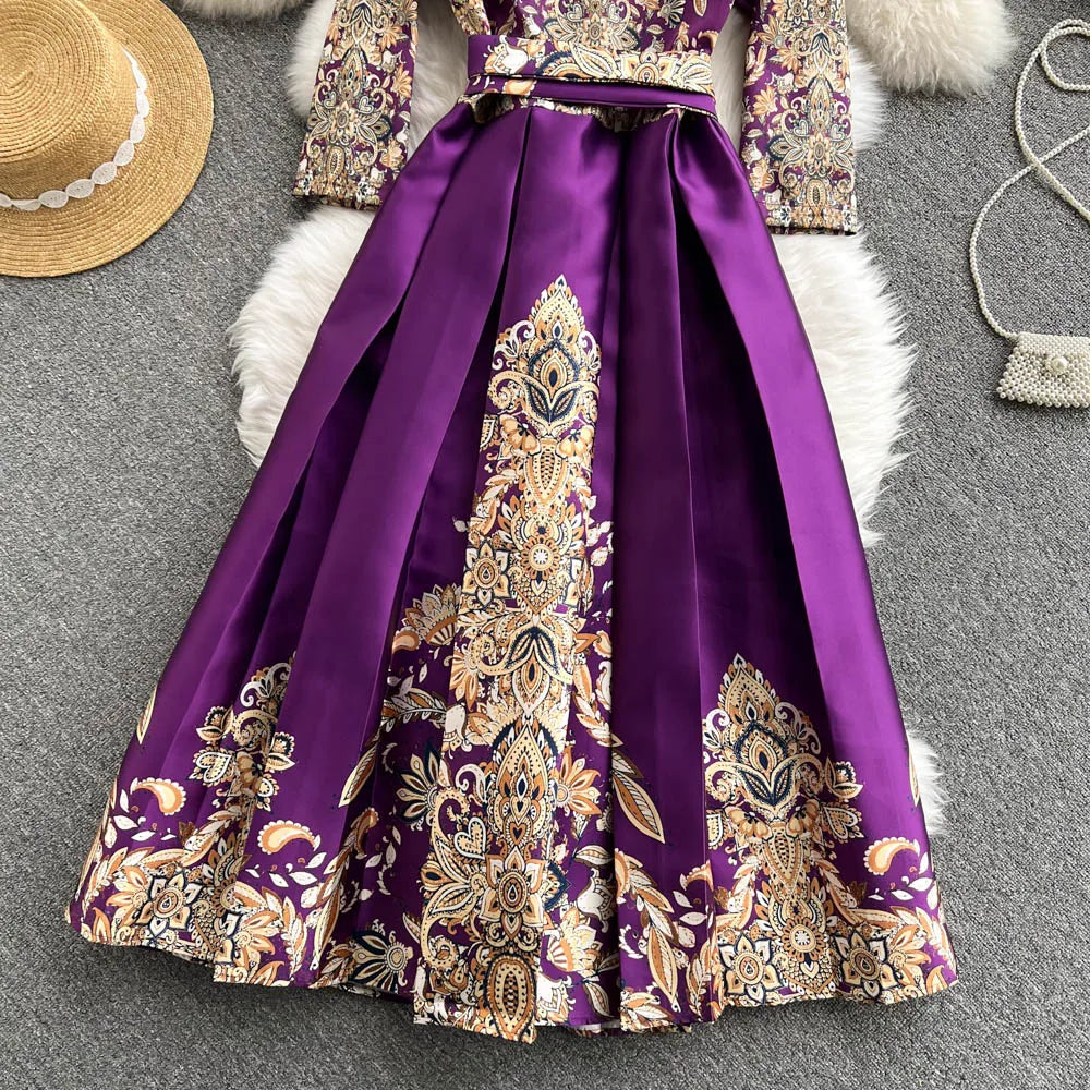 Pinkou Women Elegant Print Maxi Dress Cross V Neck Bow Tie Sashes Three Quarter Sleeve Female Chic Wrap Dresses Vestido QA815