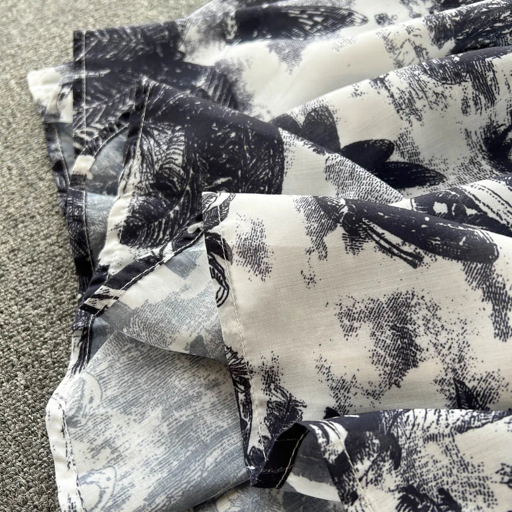Vintage Tie Dye Print Shirt Dress Women Elegant Summer High Waist Slim A Line Printed Chiffon Long Robe Ladies Casual Long Robe