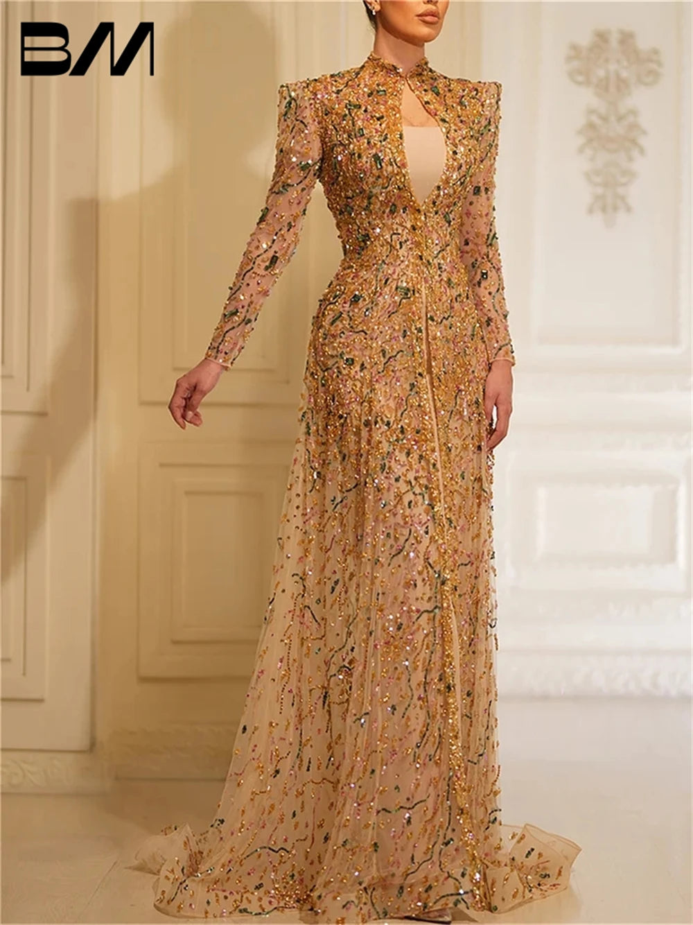 Long Sleeve A Line Prom Dress Beads Evening Dresses Cocktail Dresses Vestidos De Gala Formal Occasion Dresses