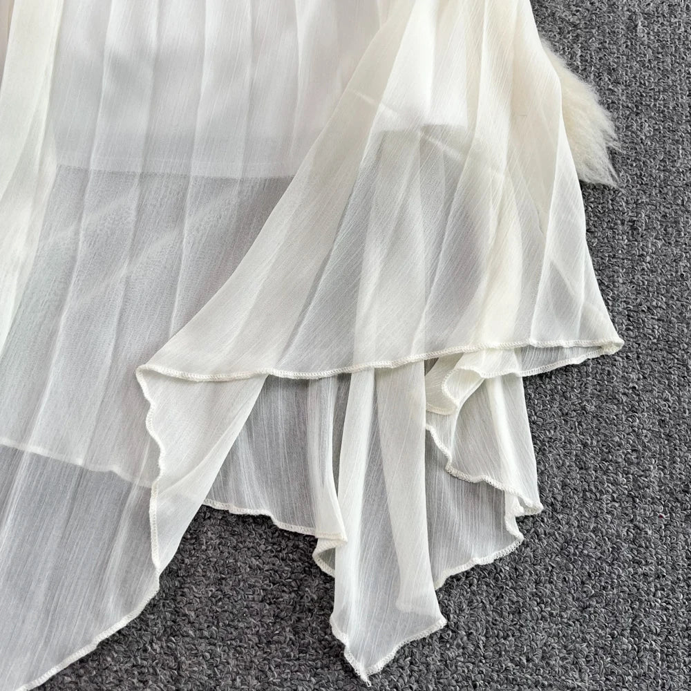 Autumn Solid Pleated Long Dresses for Women Halter V-Neck Flare Sleeve Wedding Party Dress Korean Fashion One Piece Vestidos New