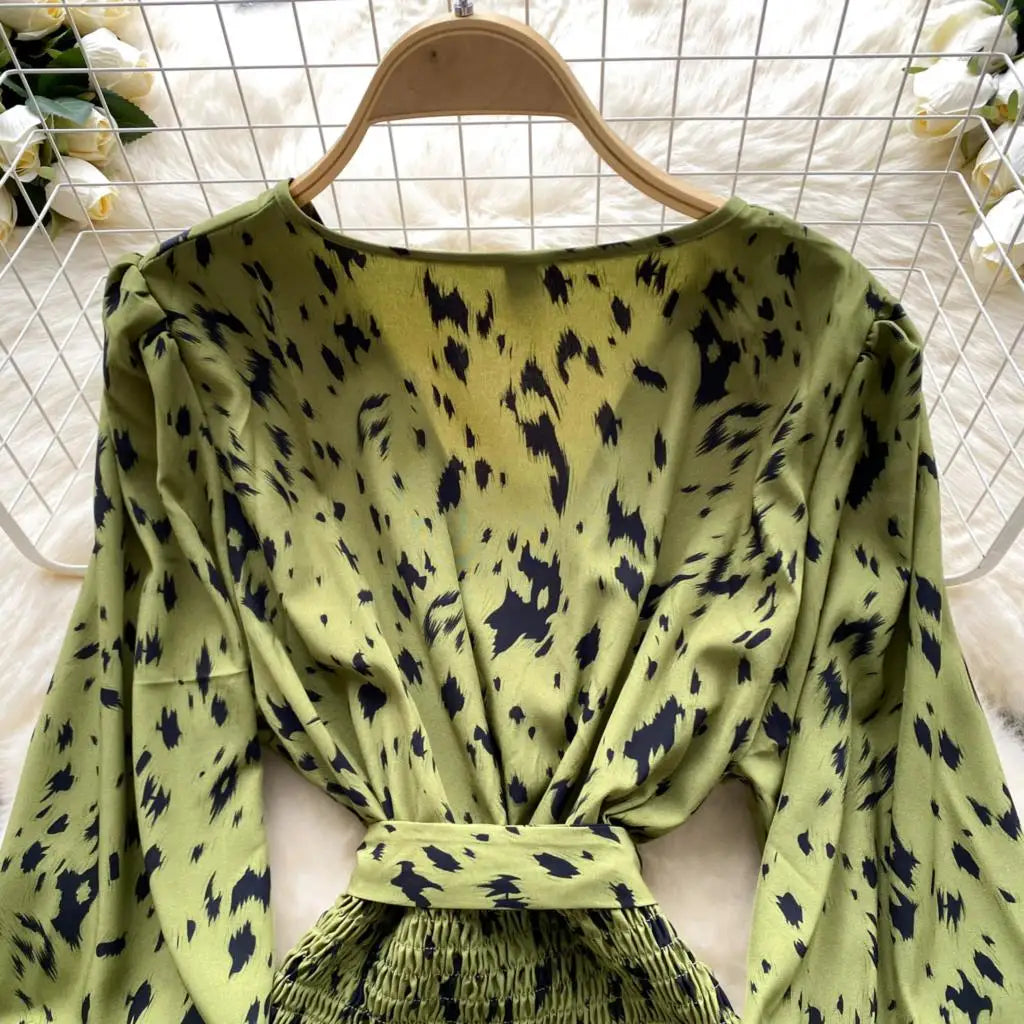 Women Casual Vintage Print Ruffle Long Dress Autumn Elegant V Neck Lantern Sleeve Party Mermaid Dresses Holiday Female Mujer New