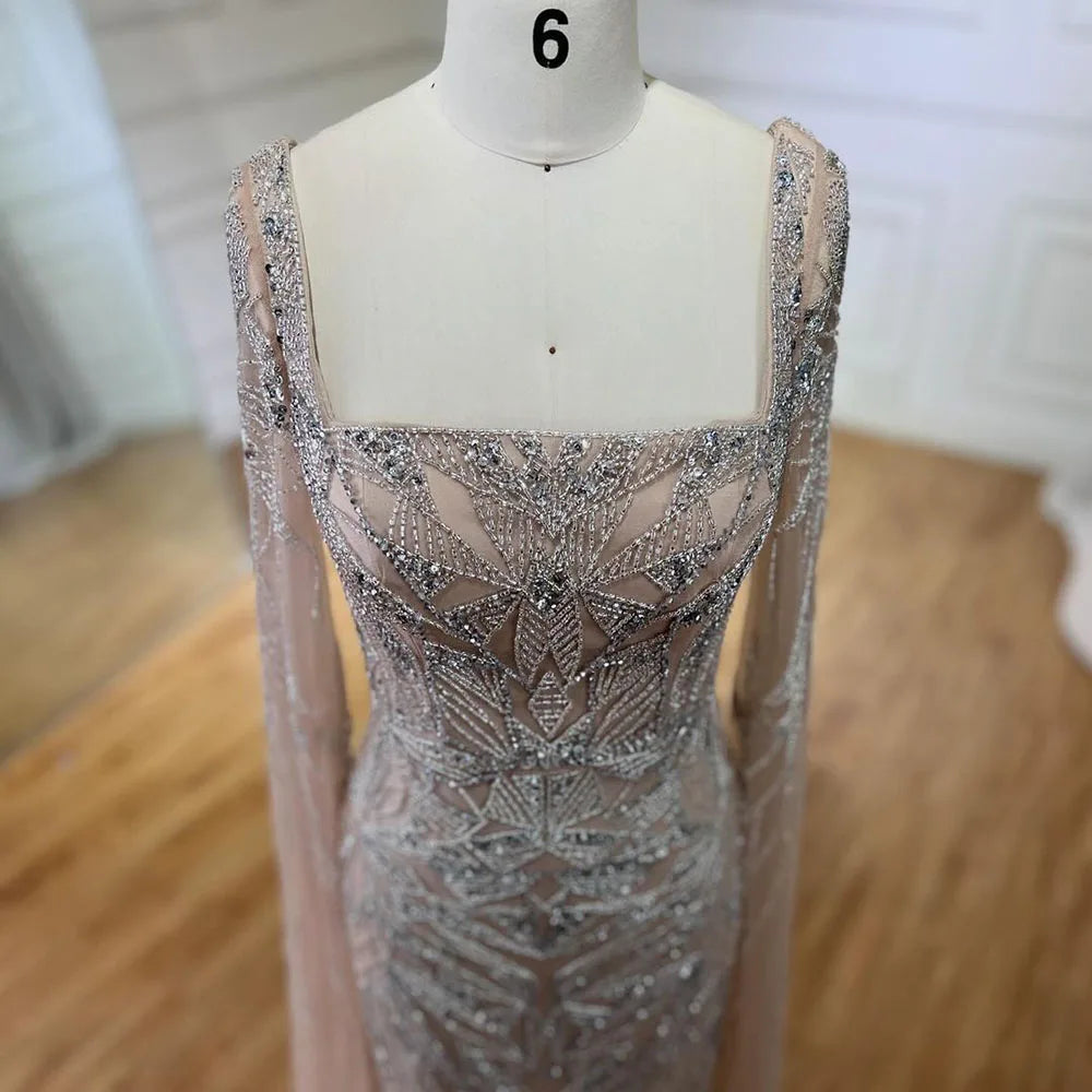 SERENE HILL 2024 Arabic Nude Cape Sleeves Mermaid Dubai Evening Dresses Beaded Luxury Wedding Party Gowns For Women GLA72261