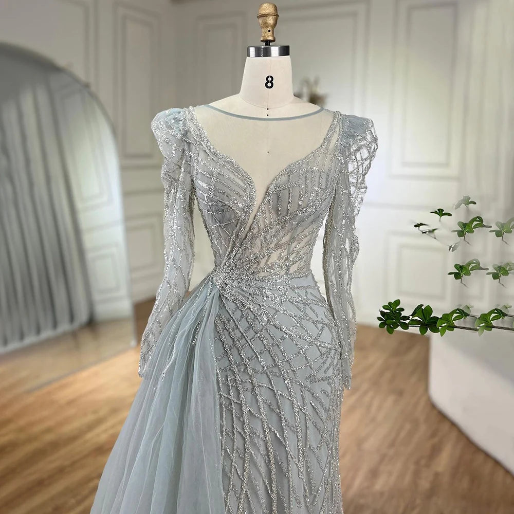 Serene Hill Muslim Gold Mermaid Beaded Luxury Dubai Evening Dresses Gowns With Overskirt 2024 For Women Party LA72206