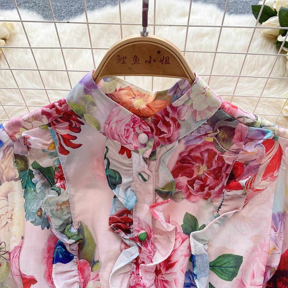 Mini Dresses For Women Frill Trim Long Sleeve Spring Vacation Dress Stand Collar Elegant Vintage Floral Print Dress With Belt