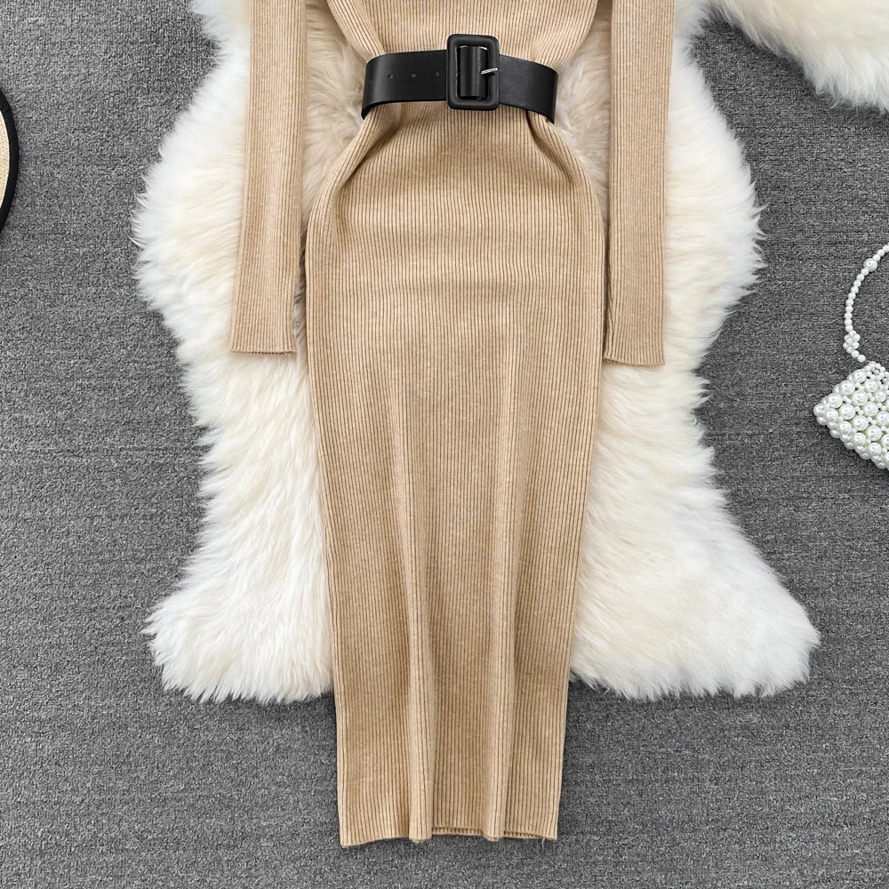 Elegant Turtleneck Long Sleeve Knit Soft Tight Pencil Dress with Belt Slim Fashion Warm Sweater Vestido Sexy Women Winter Robe