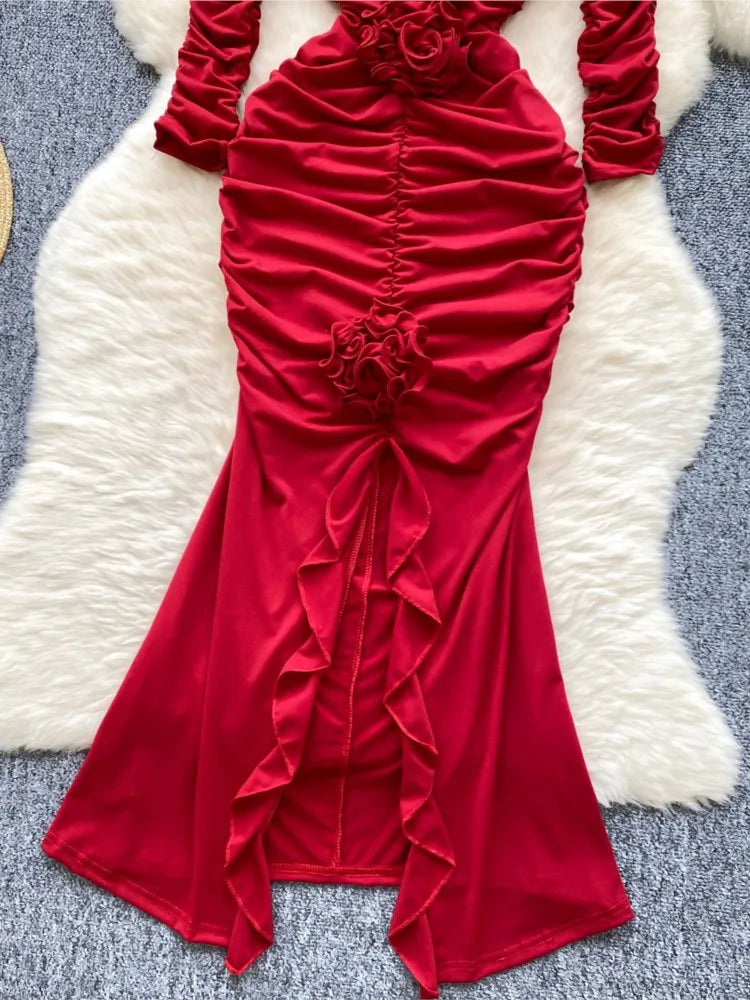 Sexy Elegant and Chic Women Pleated Mermaid Dress Strapless Bodycon Slim Evening Party Christmas Dresses Female Clothes Mujers
