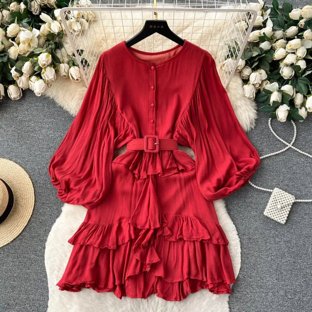 Vintage Puff Sleeve Ruffle Dress Women O-Neck A-Line Elegant Casual Party Prom Dresses Korean Autumn Fashion Female Vestidos New