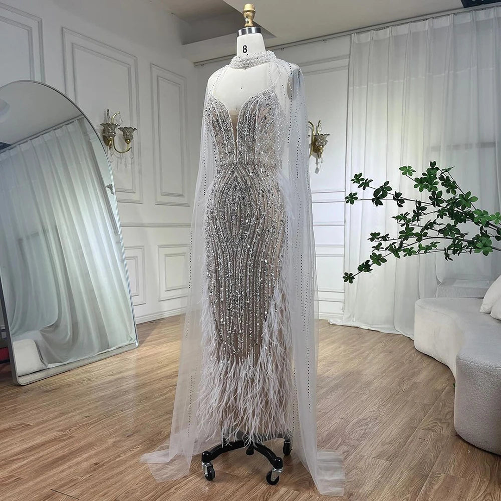 Serene Hill 2024 White Nude Mermaid Wedding Party Dresses with Beaded Feathers Luxury Cape Sleeves Prom Party Gowns LA72047A