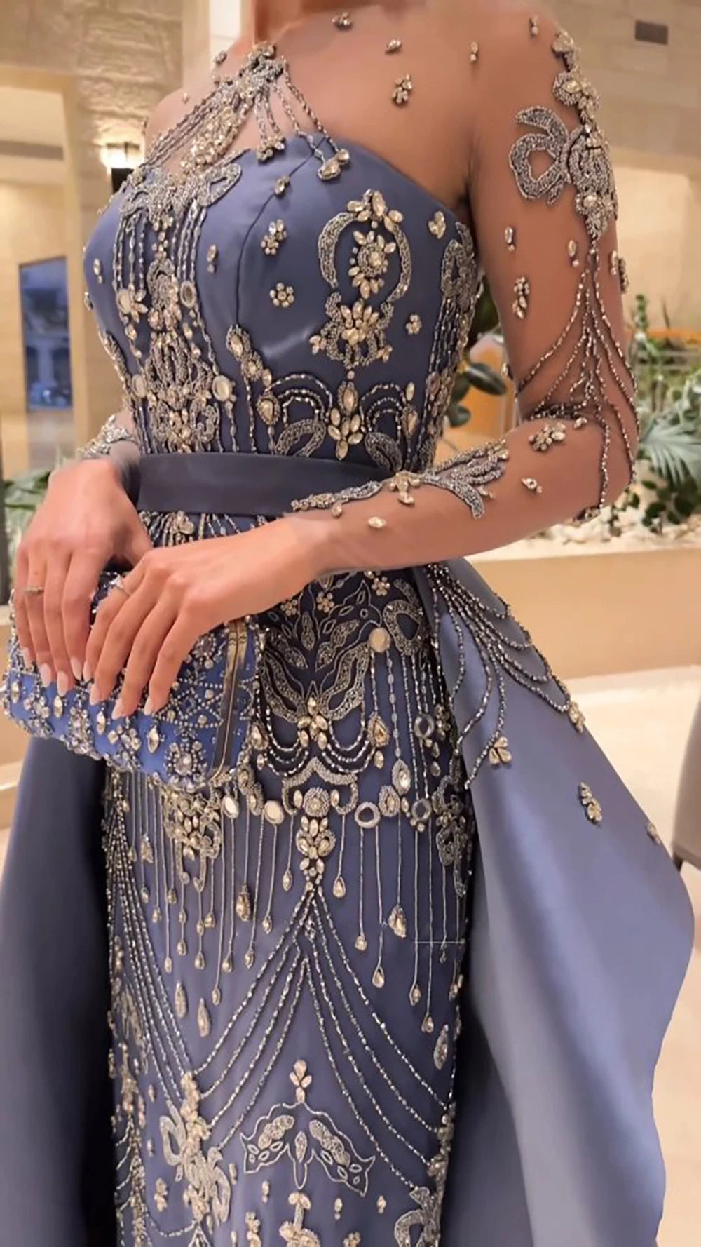 Serene Hill 2024 Elegant Blue Saudi Arabic With Overskirt Evening Gown Crystal Beaded Dress for Formal Occasion LA72757