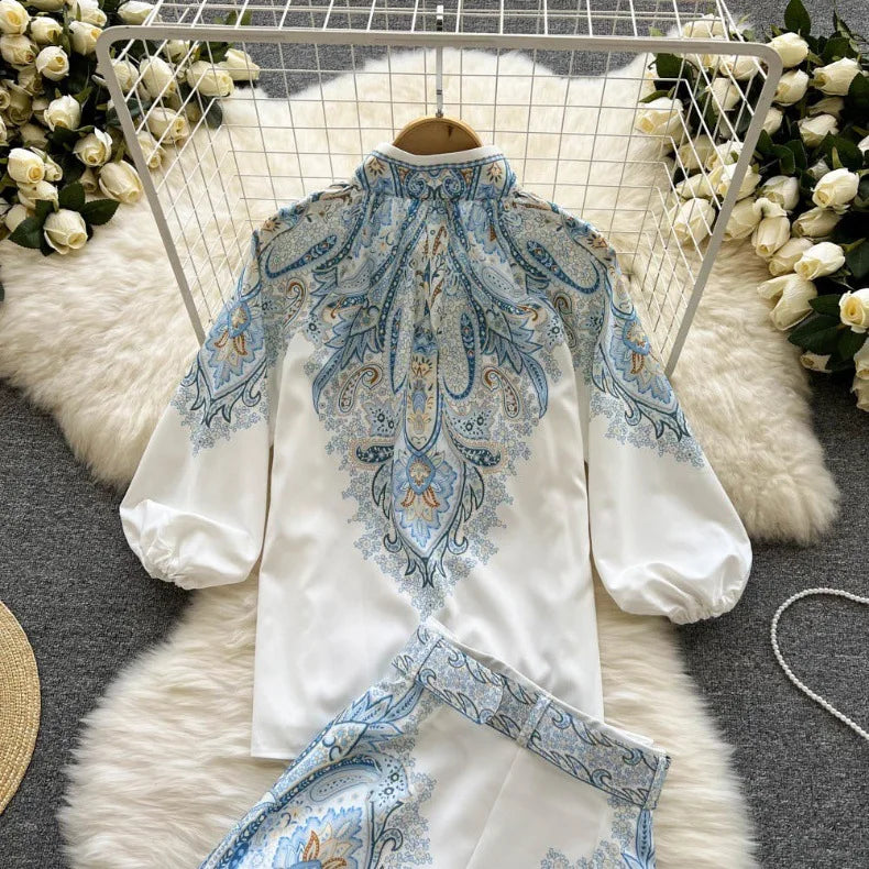 Spring Summer Retro Print Two Piece Set Women Lantern Sleeves Standing Neck Blouse Top+High Waist Wide Leg Shorts Elegant Suits