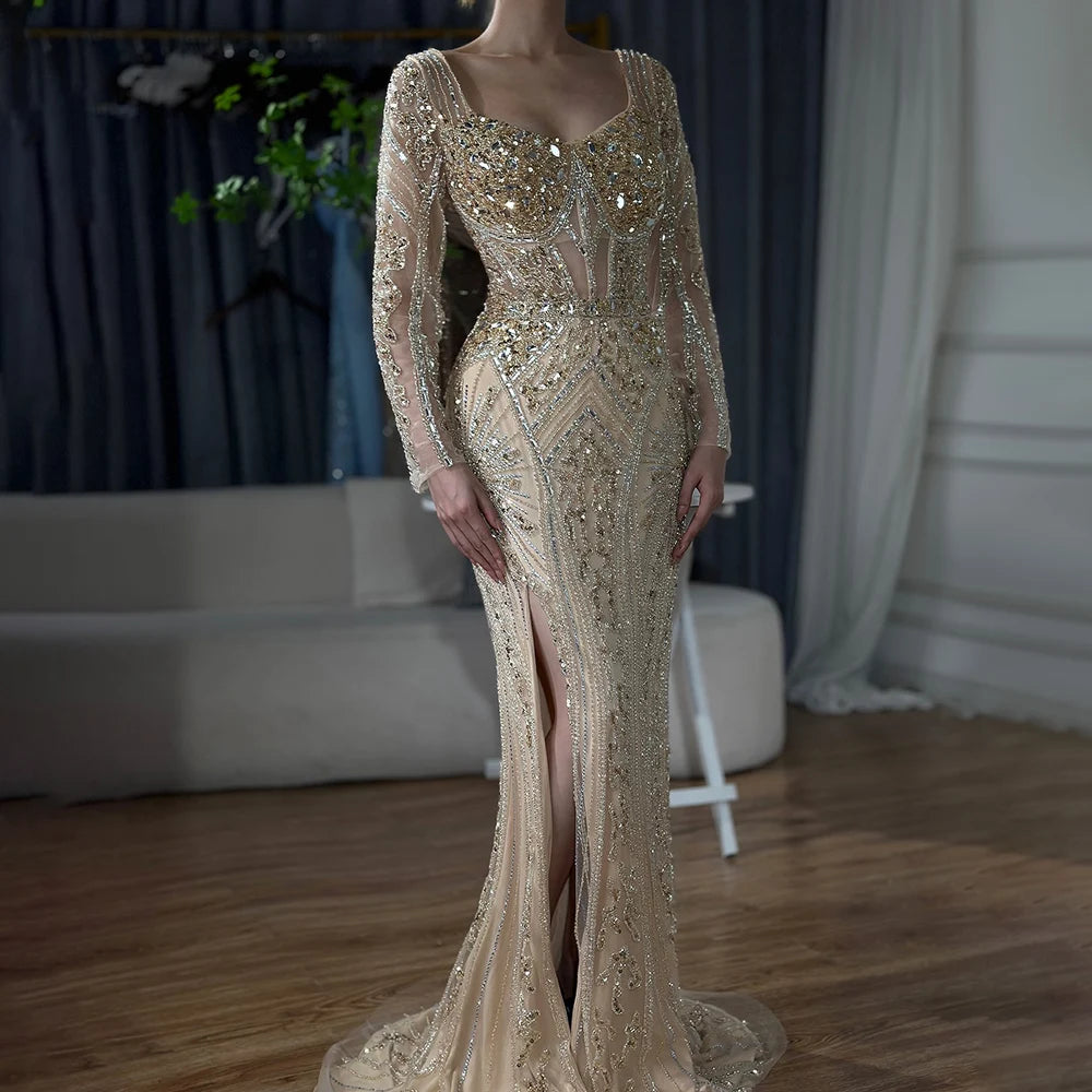 Serene Hill 2024 Women Wedding Parties Dubai Arabia Luxury Beaded Evening Dresses Gowns Green Elegant Split Mermaid LA72518