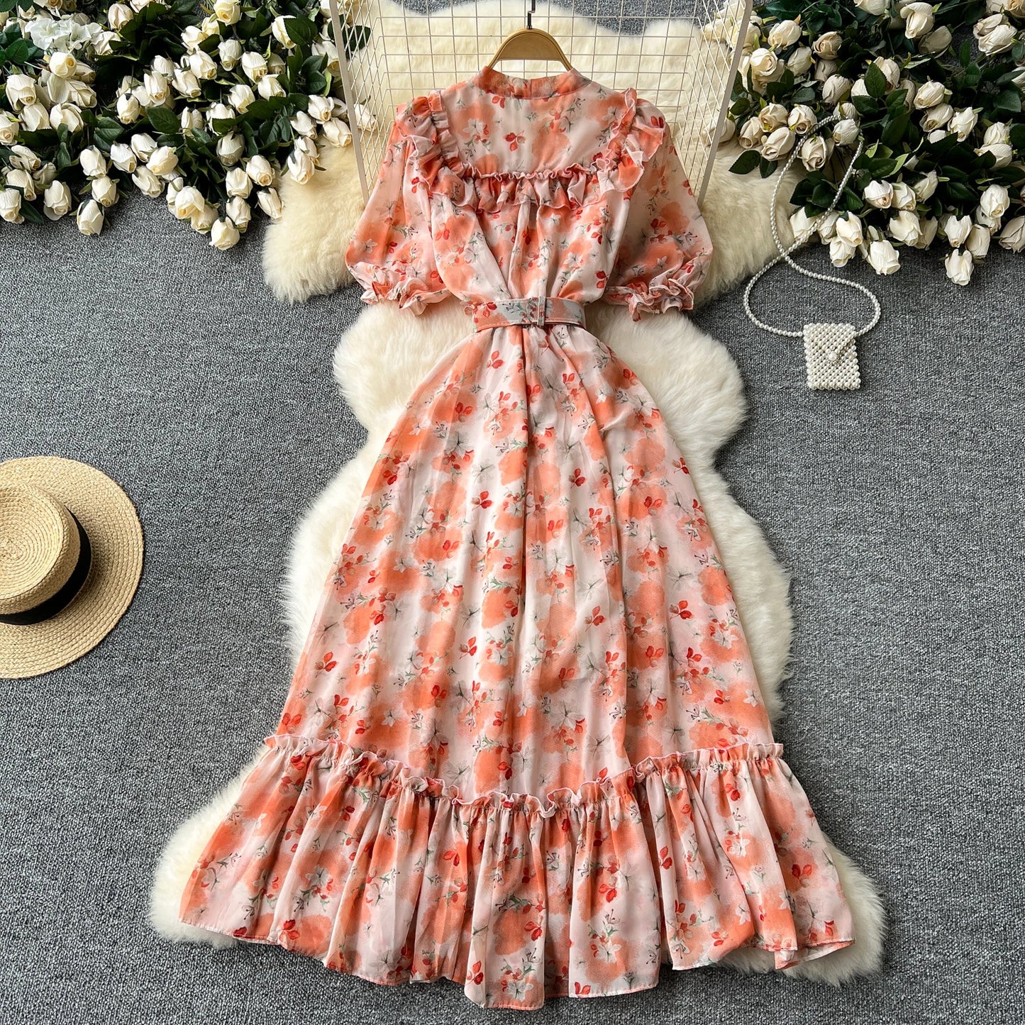 French Vintage Ruffle print chiffon Bandage Bow Puff Sleeves short Sleeves Dress Casual Women Fashion summer dresses