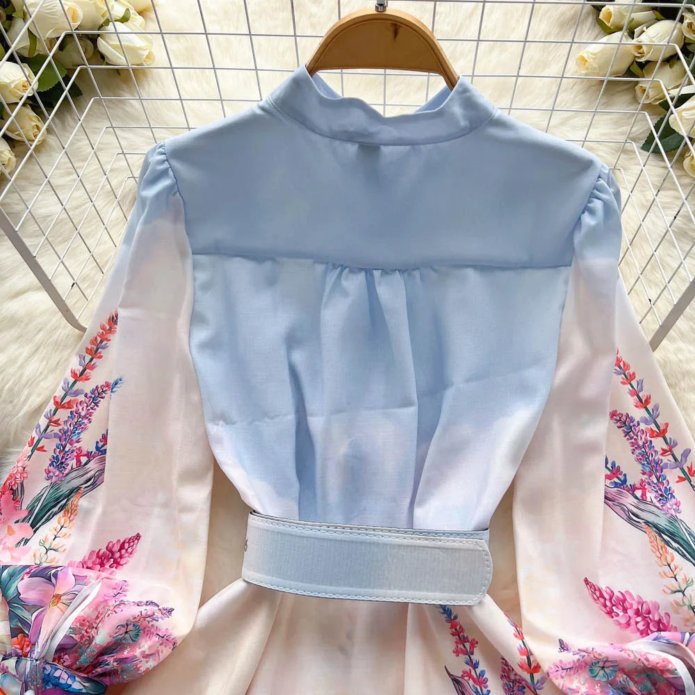 Chic Print Ruffle Elegant Puff Sleeve Dress A-line Casual Belt Beach Vacation Mini Dress Women Fashion Summer Spring Vestidos