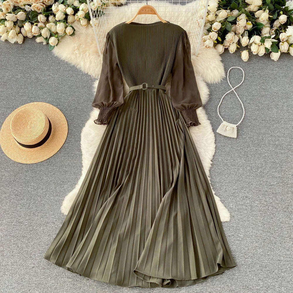 Chic Pleated Elegant Puff Sleeve Dress A-line Chiffon High Waist Belt Beach Vacation Party Dress Women Summer Spring Vestidos