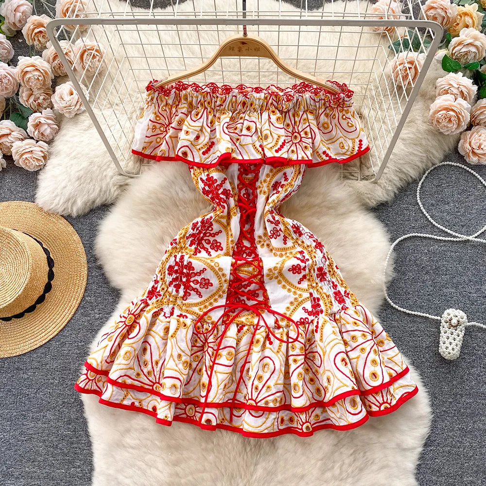 Vacation Beach Dress Women Summer Ruffle Hem Vintage Cutwork Embroidery Dress Front Lace Up Sexy Off Shoulder Mini Party Dress