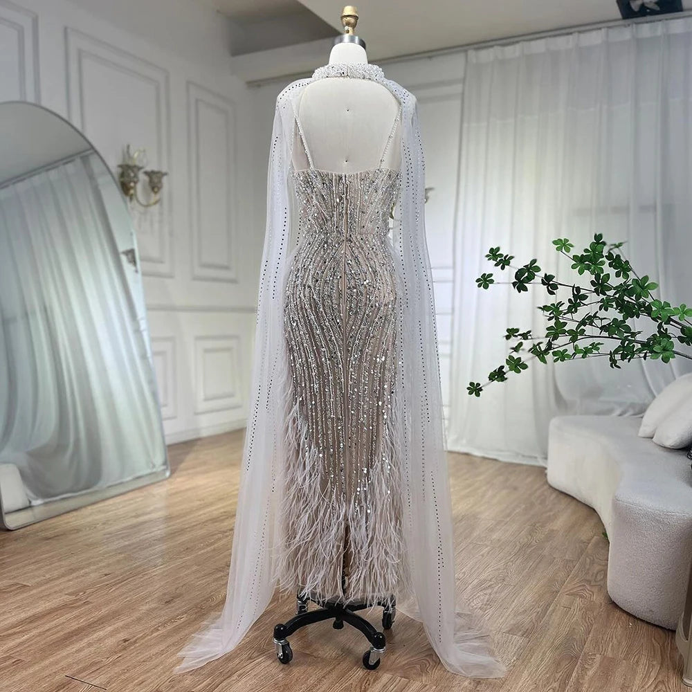 Serene Hill 2024 White Nude Mermaid Wedding Party Dresses with Beaded Feathers Luxury Cape Sleeves Prom Party Gowns LA72047A