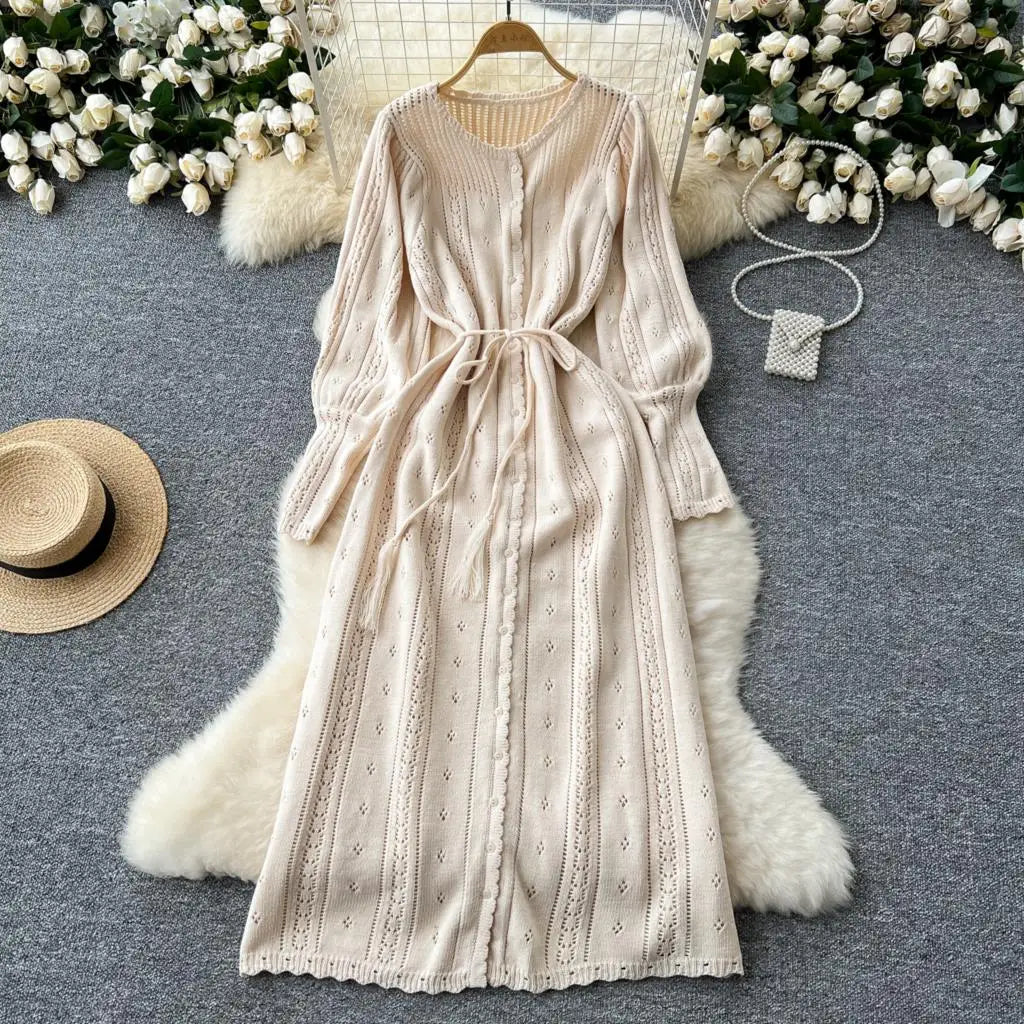 Elegant Autumn Solid Knitted Dresses for Women Sweet Hook Flower Hollow Strap A-line Korean Fashion Casual Vestidos Mujer New