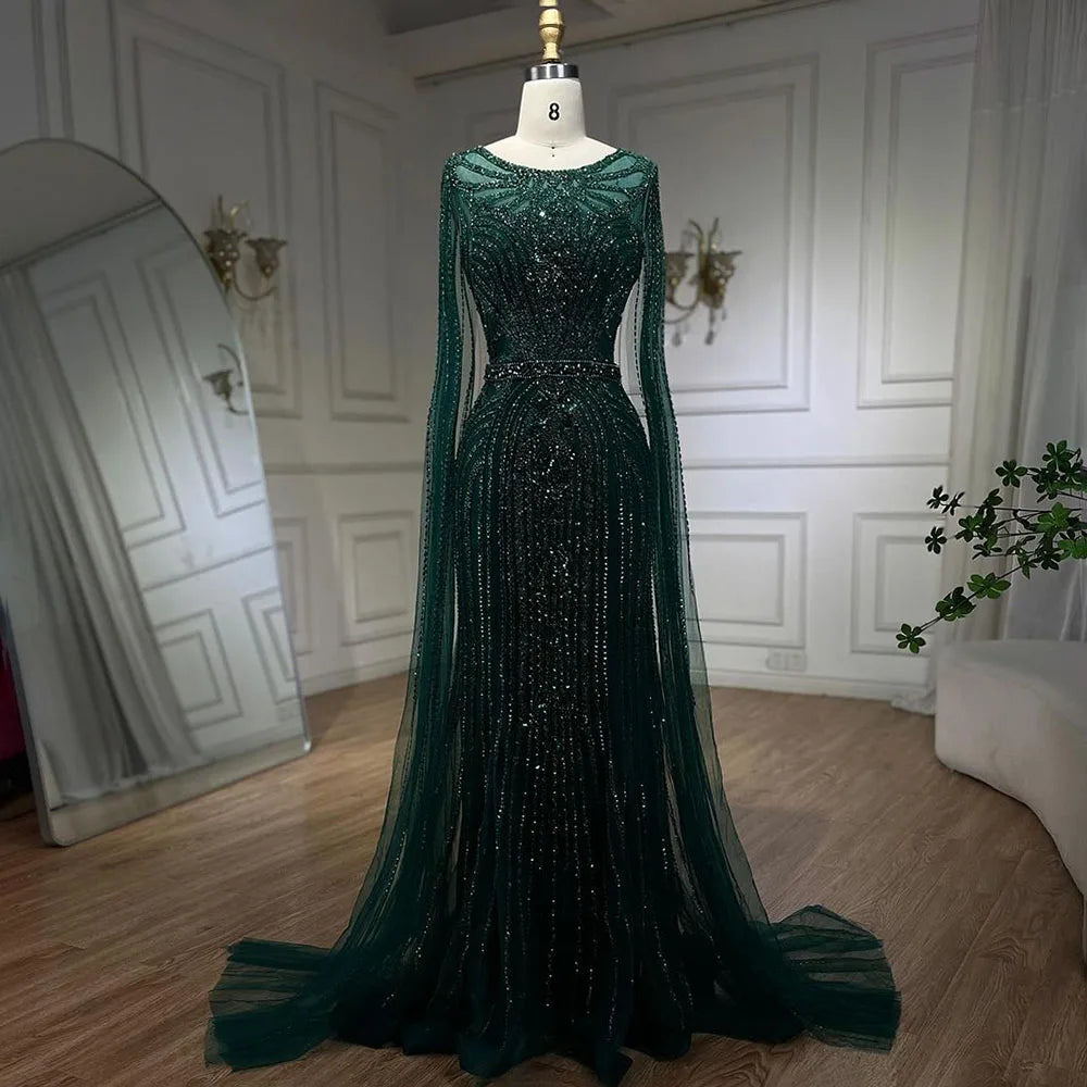 Serene Hill Brown Mermaid Elegant 2024 With Cape Sleeves Beaded Luxury Evening Dresses Gowns For Women Party LA70638
