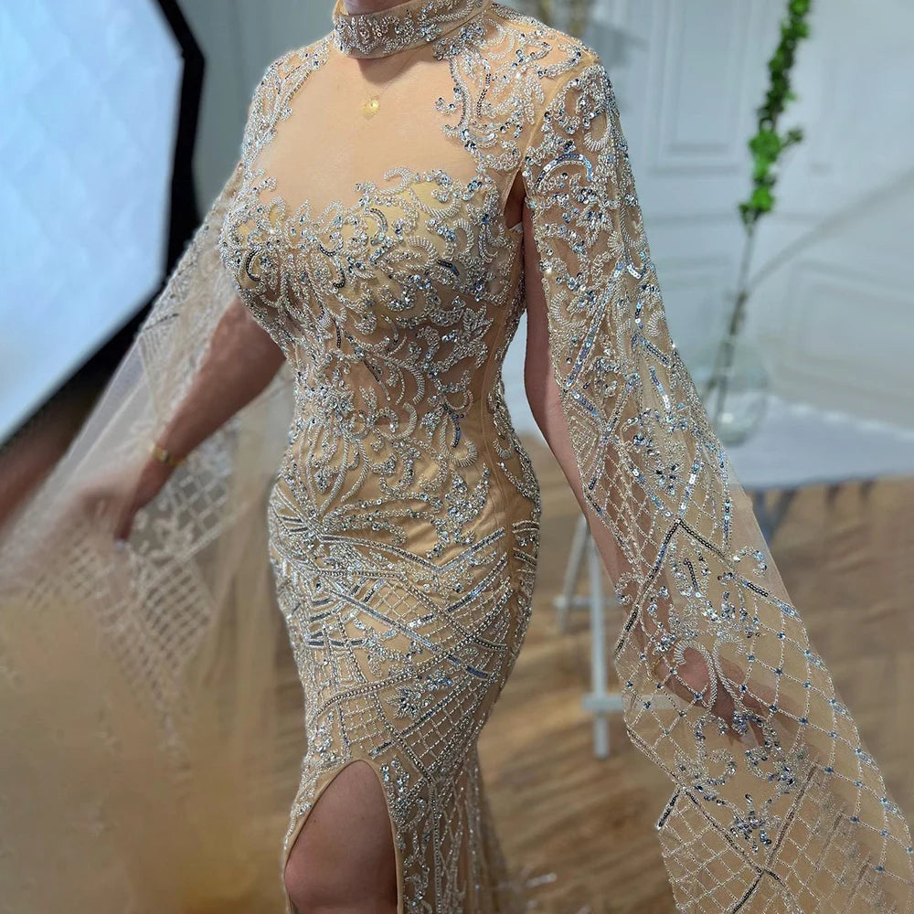 Serene Hill Nude Mermaid Elegant Sexy High Collar Cape Sleeves Luxury Beaded Evening Dresses Gowns 2024 For Women Party GLA71747