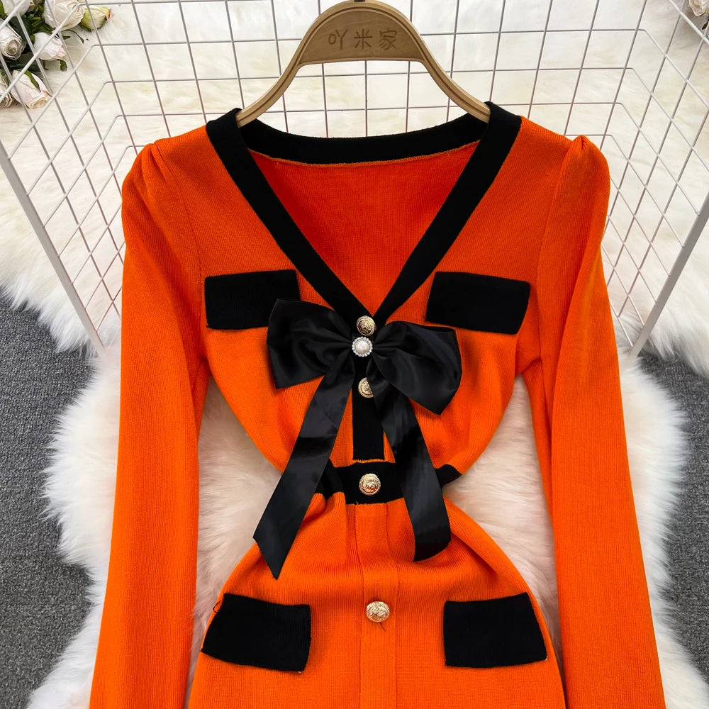 Women Elegant Butterfly Long Sleeve Bodycon V Neck Split Dress Vintage French Slim Knit Tight Vestido Autumn Winter Sweater Robe