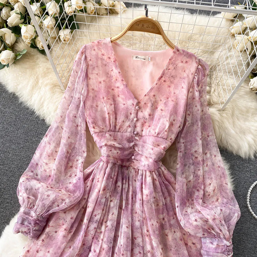 Vintage Floral Print Pleated Elegant Puff Sleeve Dress A-line Chiffon Beach Vacation casual Dress Women Summer Spring Vestidos
