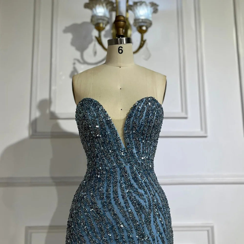 Serene Hill 2024 Arabic Strapless Blue Beaded Feathers Luxury Dubai Evening Gowns with Side Skirt for Women's Party LA72695