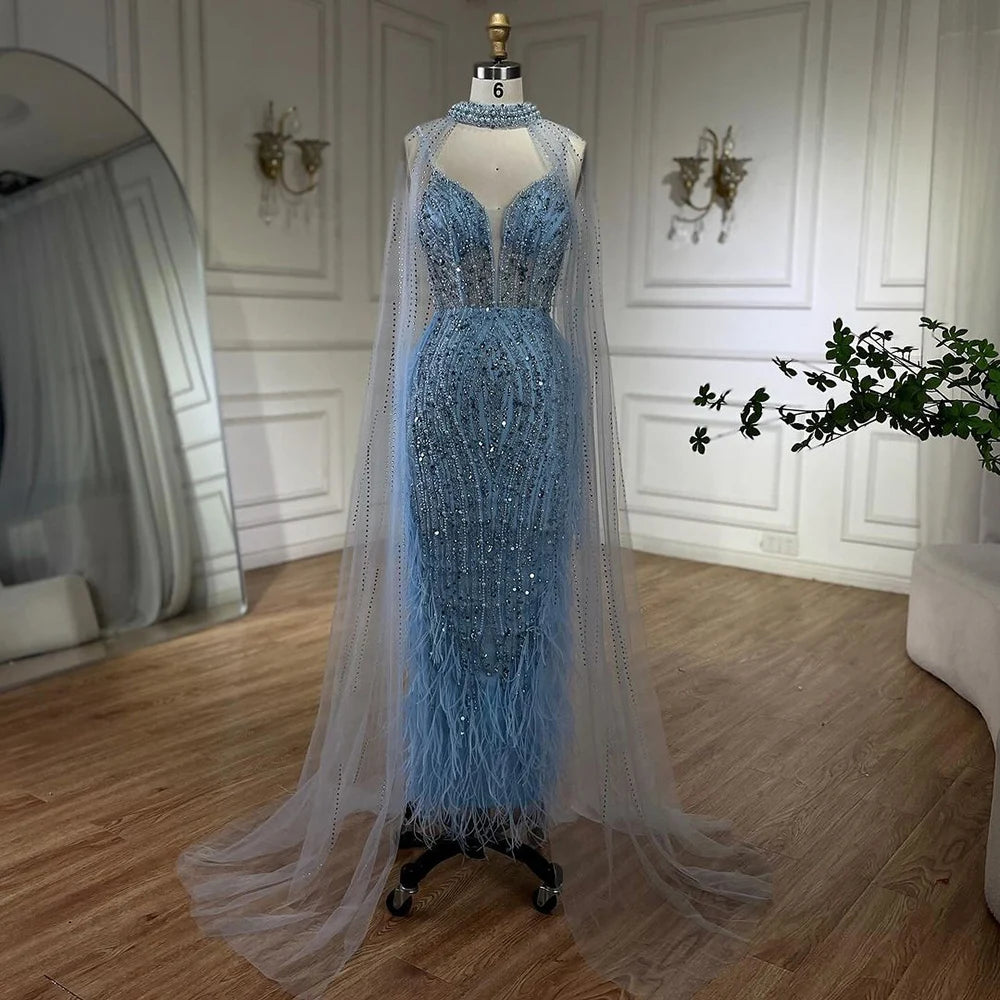 Serene Hill 2024 White Nude Mermaid Wedding Party Dresses with Beaded Feathers Luxury Cape Sleeves Prom Party Gowns LA72047A