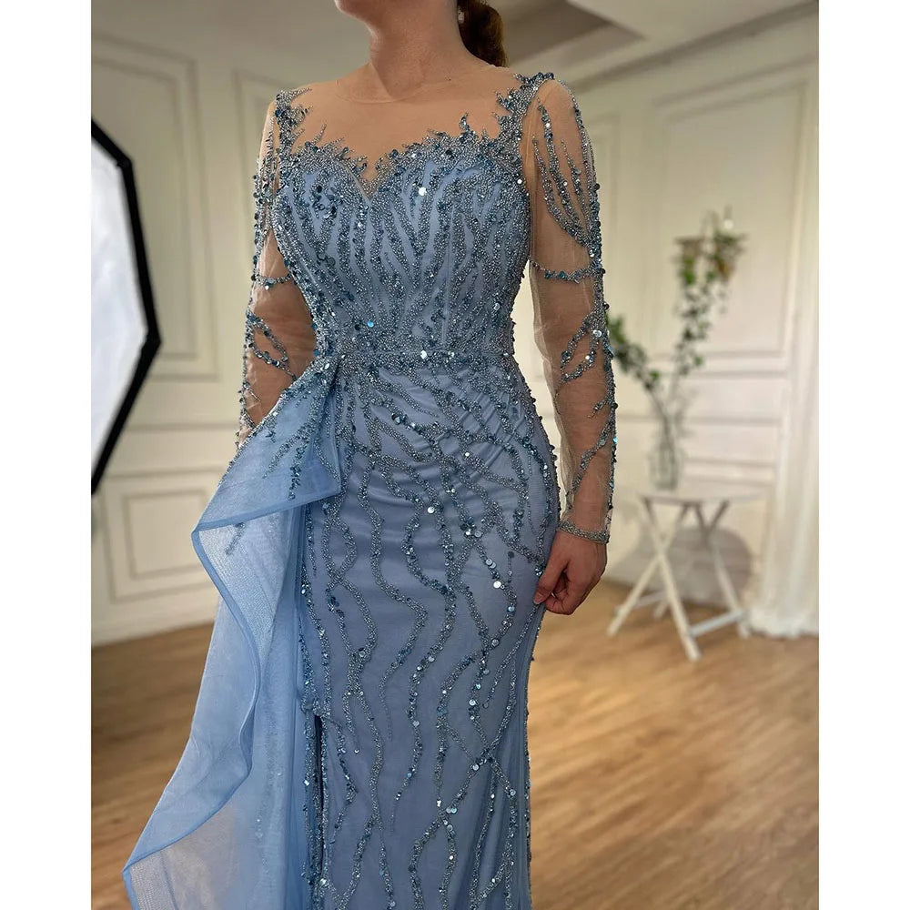 Serene Hill Blue Long Sleevele Elegant Mermaid High Split Evening Dresses 2024 Women Party Gowns with Side Skirt LA72044