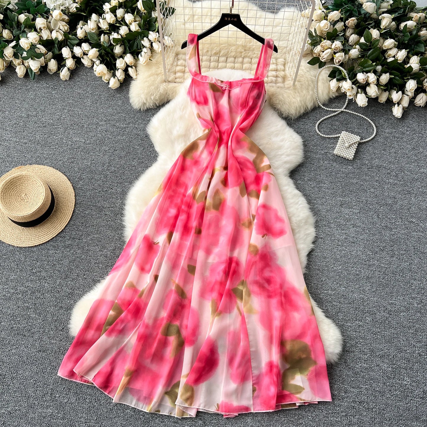 French Elegant Beach Dress Women Rose Print High Waist Chiffon Dresses Ladies Sleeveless Slim A-line Boho Long Robe Vestidos