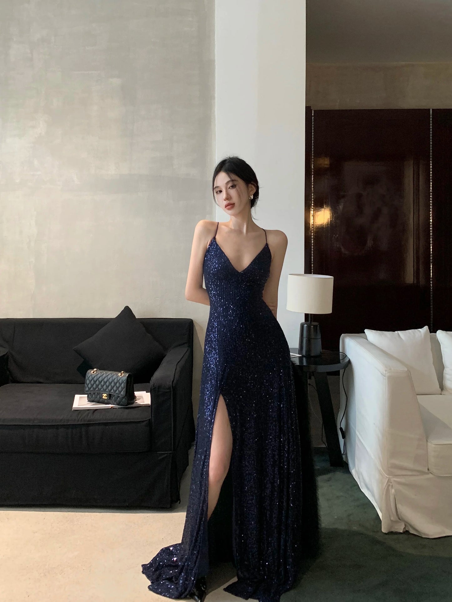 Women's Backless V-Neck Split Maxi Dress Sexy Slim Evening Gown Luxury Dresses Fashion Robe Birthday Party Spring Autumn New