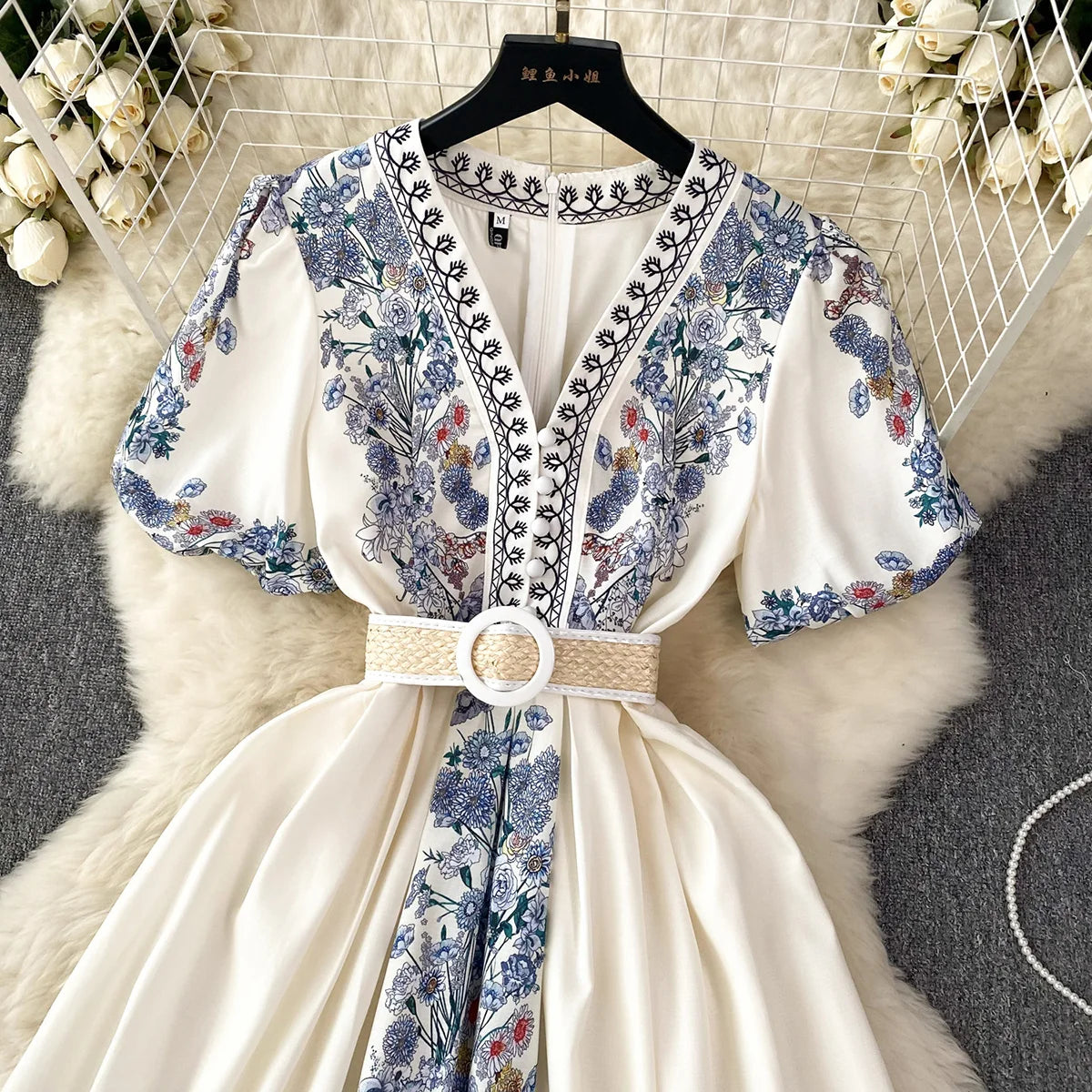 Party Dresses 2023 Elegant Vintage Floral Print Holiday Dress Women V Neck Short Puff Sleeve Summer Clothes Mini Dress With Belt