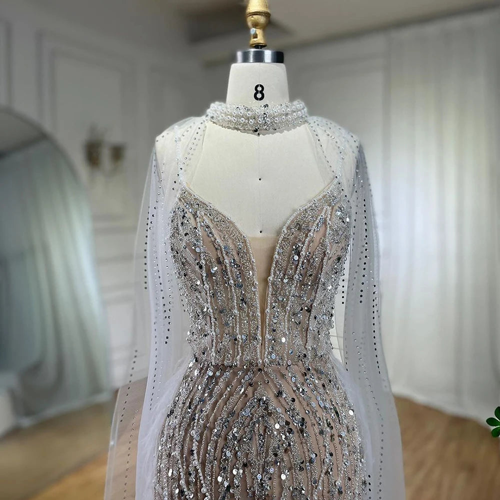 SERENE HILL 2024 White Nude Mermaid Beaded Feathers Luxury Evening Dresses Midi Gown With Cape For Women Wedding Party GLA72047A