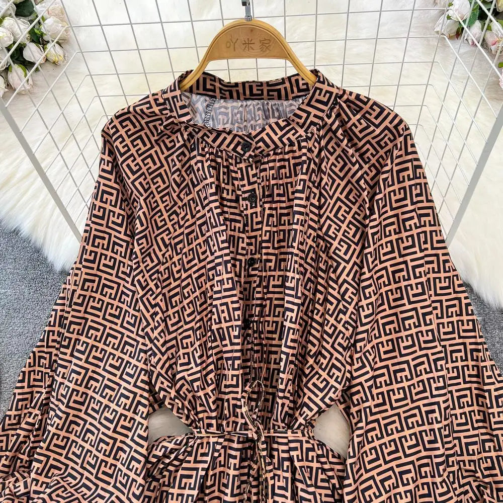 Elegant Women Casual Floral Print Party Dress Vintage Lantern Sleeve A-Line Pleated Prom Birthday Clothes Female Fashion Robe