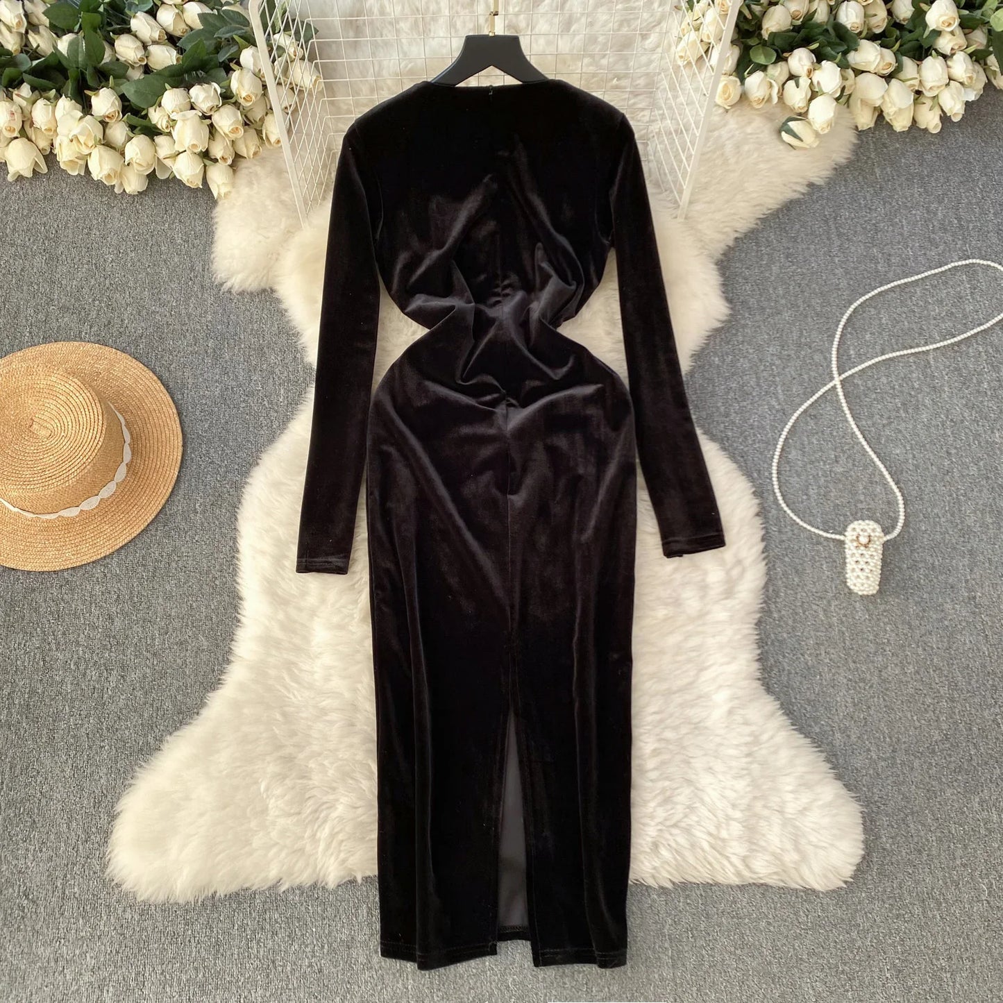 Chic Elegant Long Sleeve O Neck Rhine Stone Sequin Velvet Dress Sexy Vestidos High Waist Women Autumn Ceremonial Dress