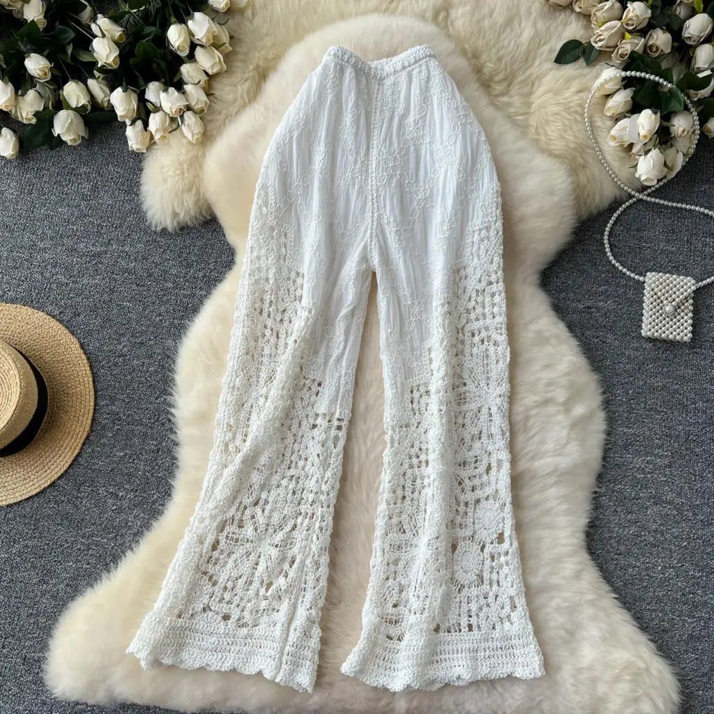 Korean Fashion Women Knitting Trousers Autumn Embroidery Splice Hollow Out High Waist Loose Casual Beach Long Wide Leg Pants New