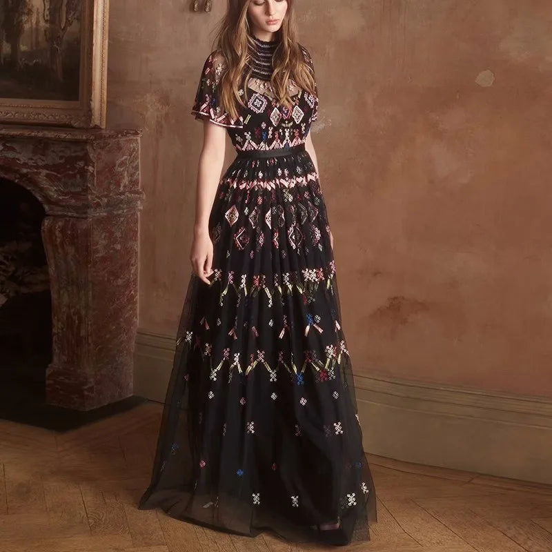 Summer Designer Fashion Runway Maxi Dress Women Short Sleeves Vintage High Quality Mesh Embroidery Long Party Dress