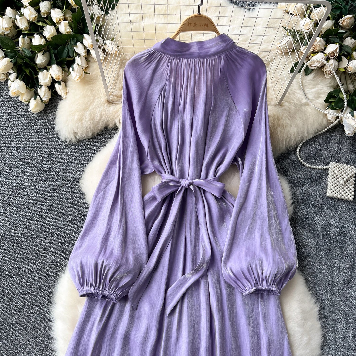 French Vintage Pleated lool sleeve print Lace-up Bow sweet Dress Casual Women Fashion summer dresses