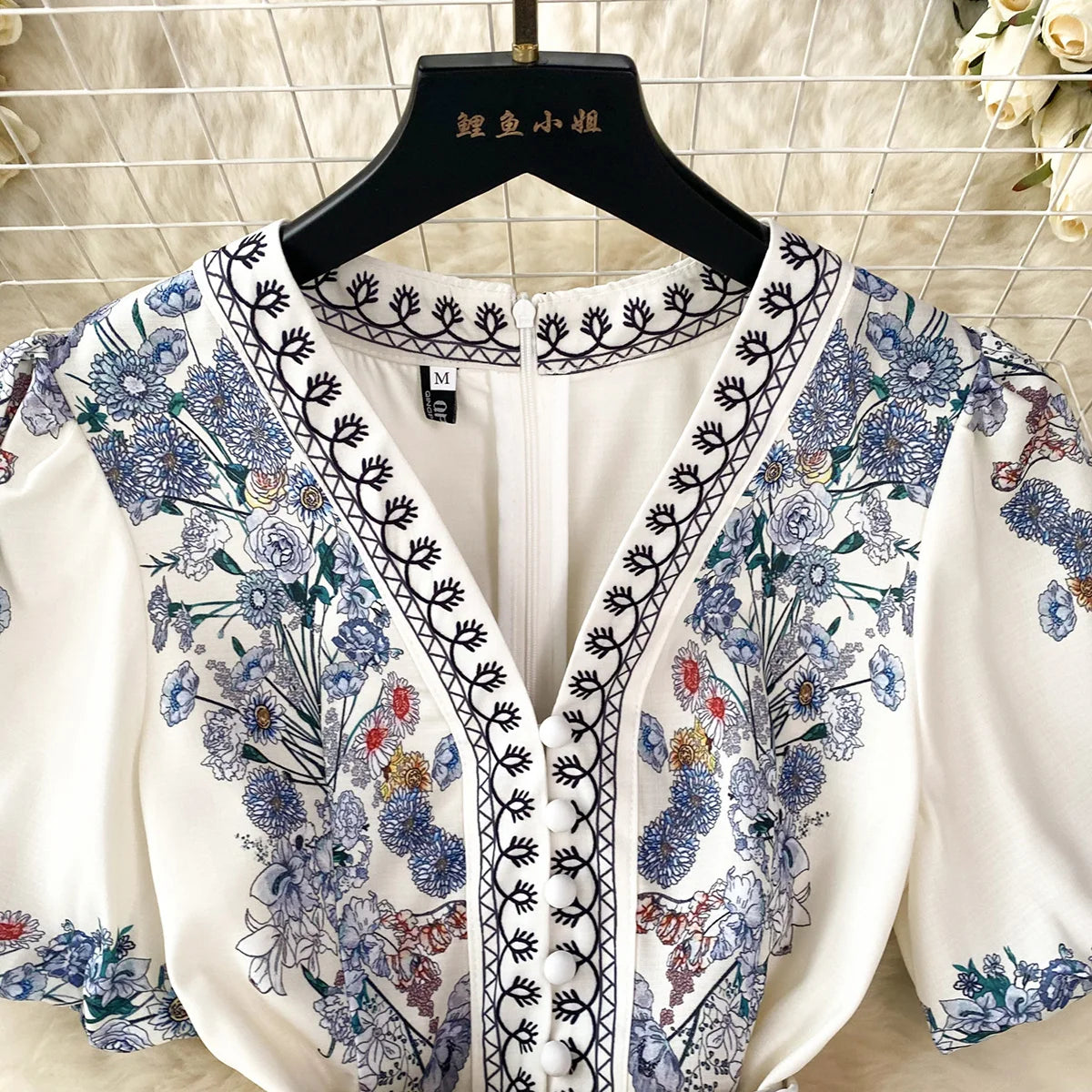 Party Dresses 2023 Elegant Vintage Floral Print Holiday Dress Women V Neck Short Puff Sleeve Summer Clothes Mini Dress With Belt