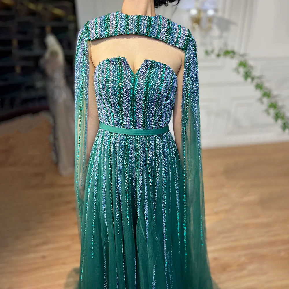 Arabic Green Cape Sleeves A Line Beaded Evening Dresses Long 2023 Celebrity Gowns For Woman Wedding Party BLA71912 Serene Hill