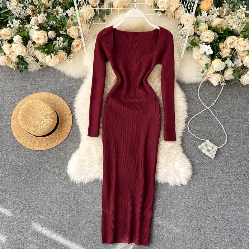 Women Long Sleeve Sexy Bodycon Dress with slit Vintage French Fashion Knit v neck Vestidos Basic Tight Elegant Slim Chic Dresses