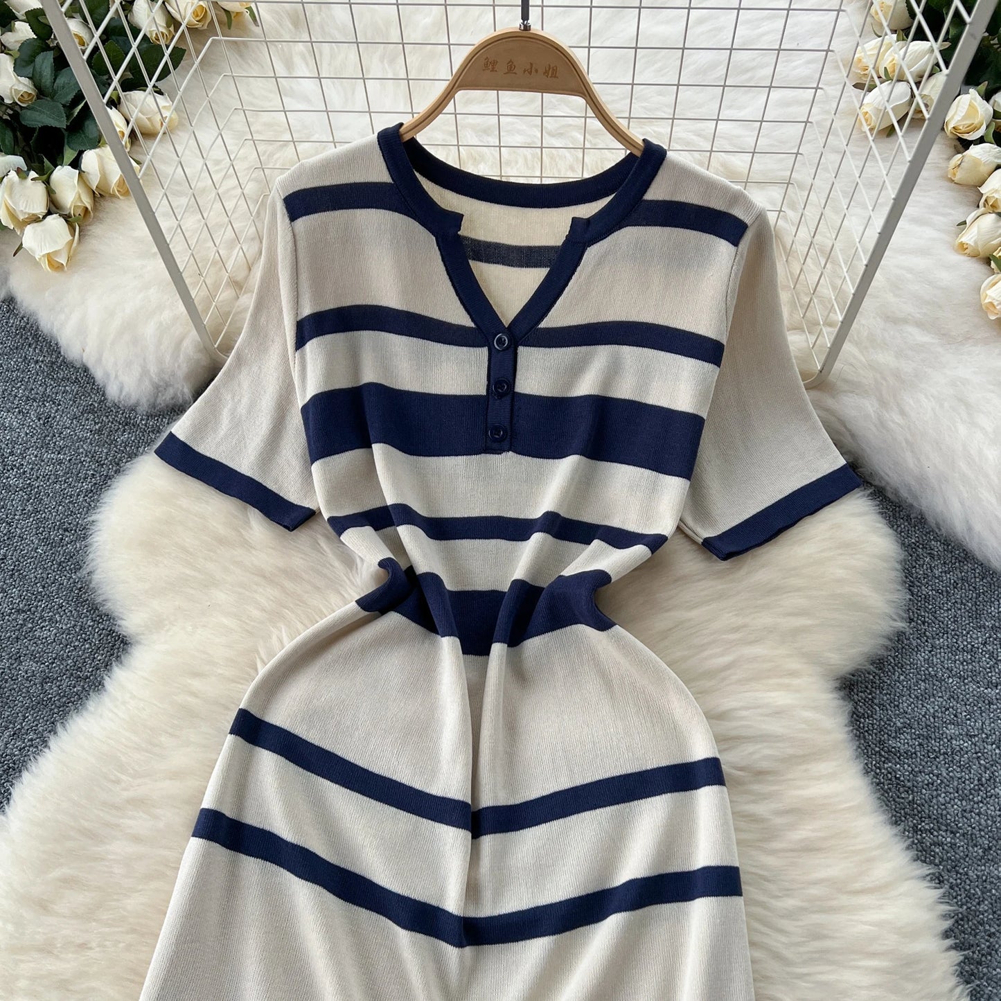 Sexy Chic short sleeve PATCHWORK v-Neck Striped Knit Dress Elegant Fashion Party Slim Summer A-line sweet dresses