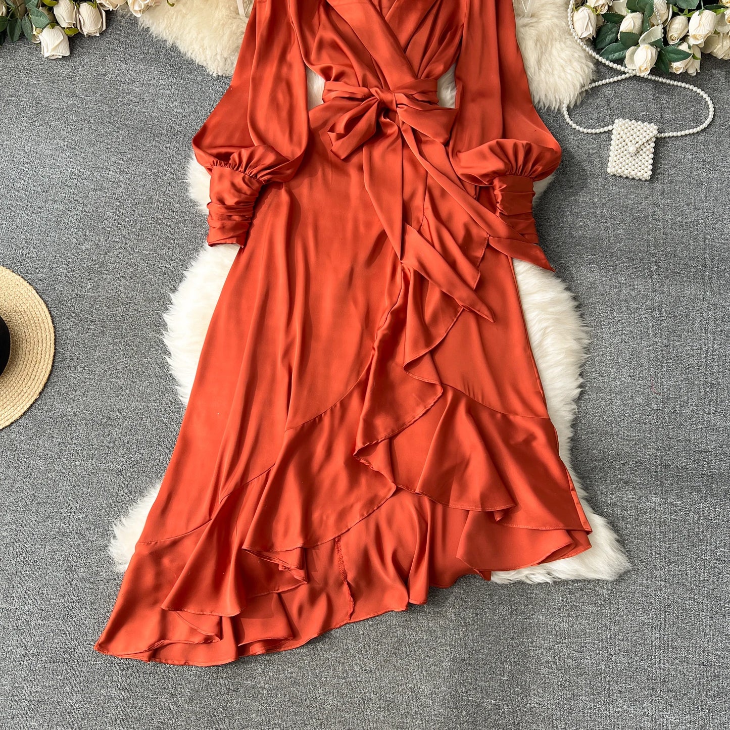 Women Elegant Satin Dress Summer Bandage High Waisted Ruffled Irregular Blazer Dresses Ladies A-line Vintage Party Long Robe