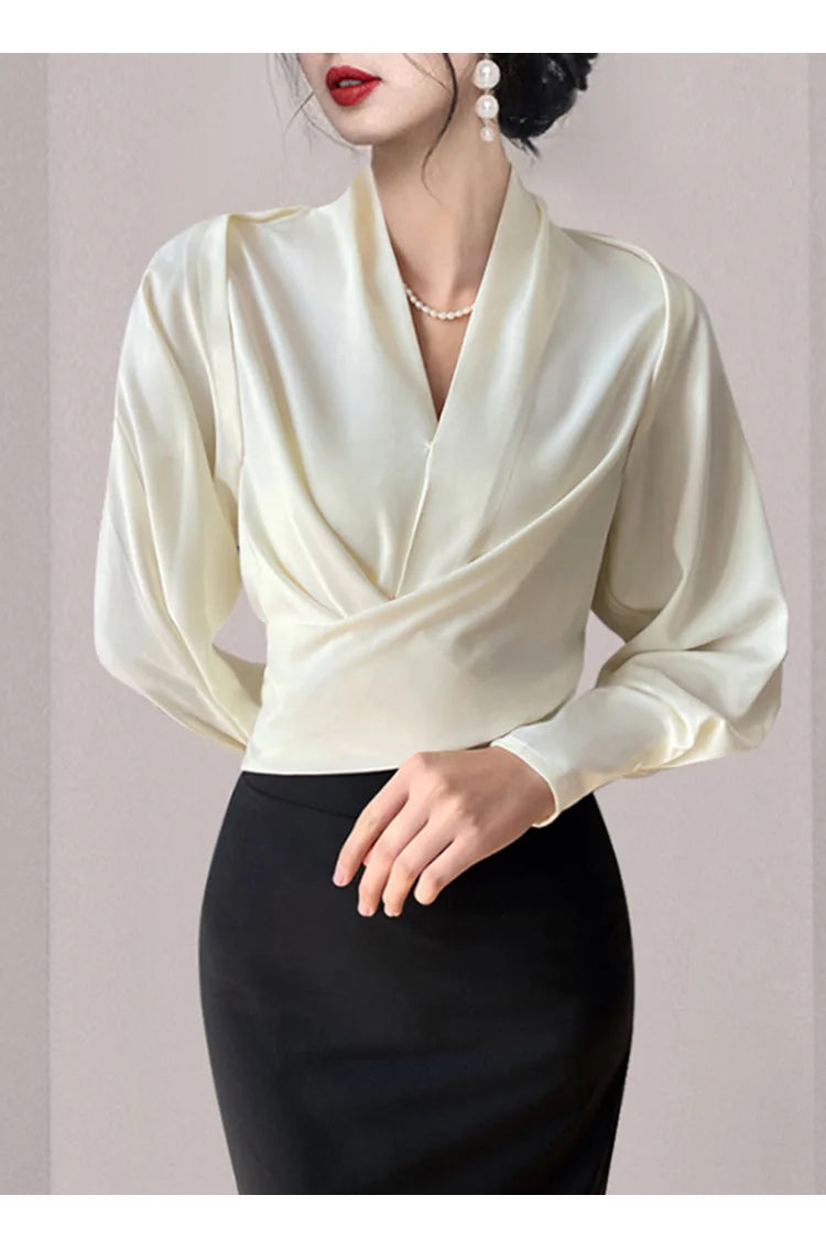 Autumn New Women's Long sleeved V-neck Shirt Top Short French Elegant Temperament Satin Effect Slimming Shirt Blouse
