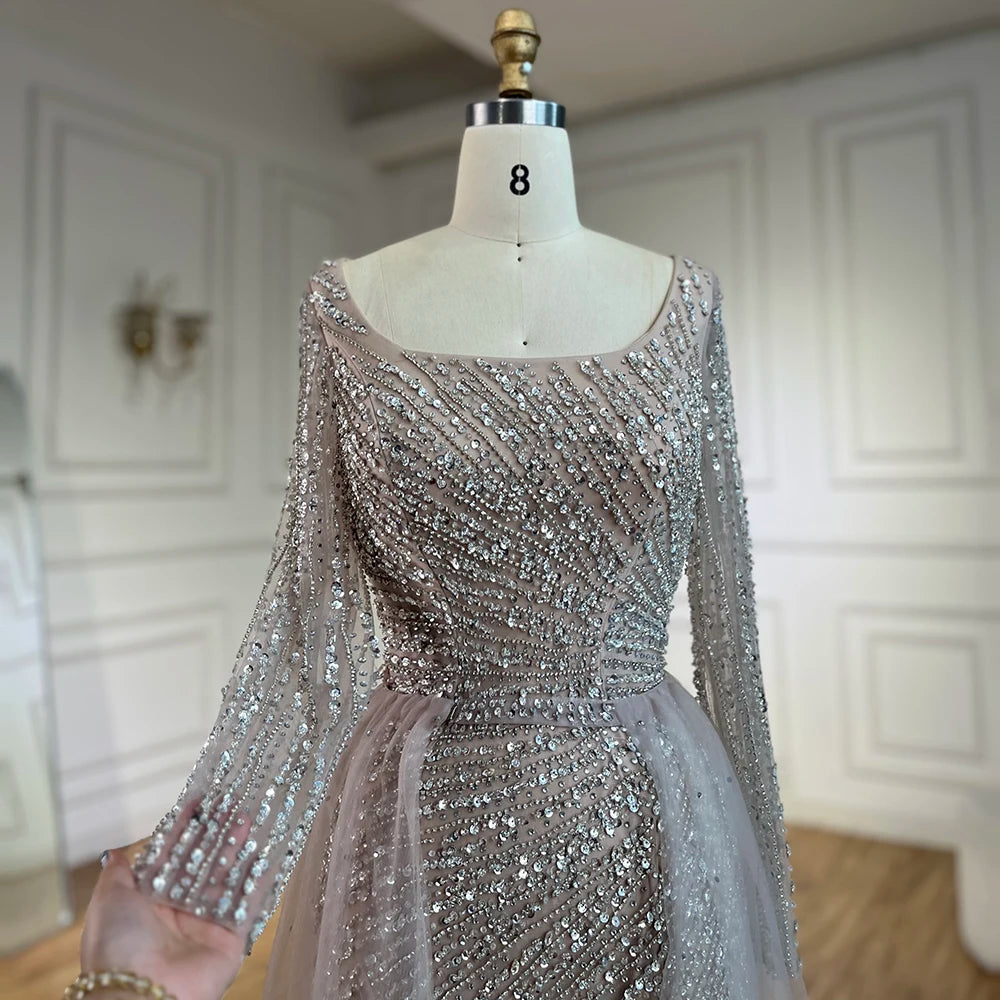 SERENE HILL 2024 Arabic Dubai Silver Gray Beaded Mermaid Evening Dresses Long Sleeves Gown With Skirt For Women Party GLA71618L