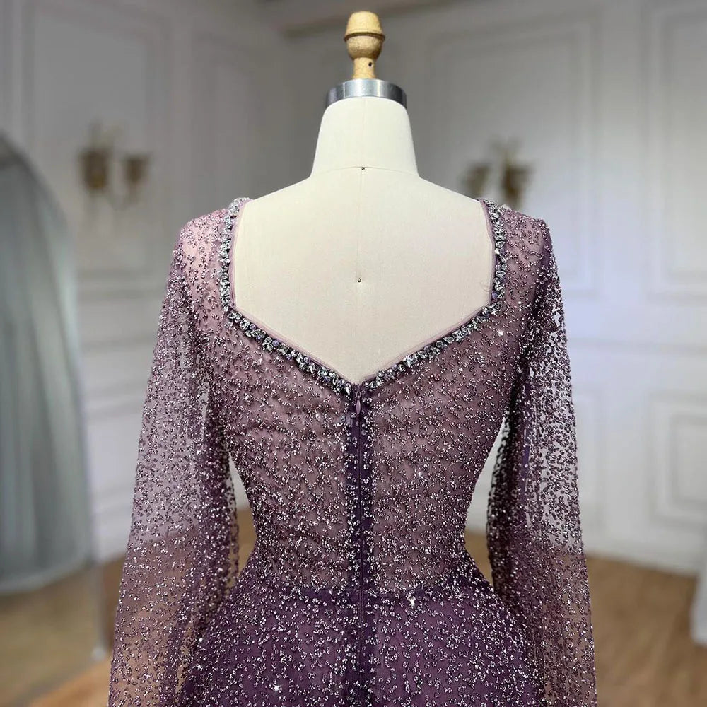Serene Hill Arabic Luxury Purple A-Line Elegant Strapless Beaded Evening Dresses Long for Woman Wedding Party LA72147