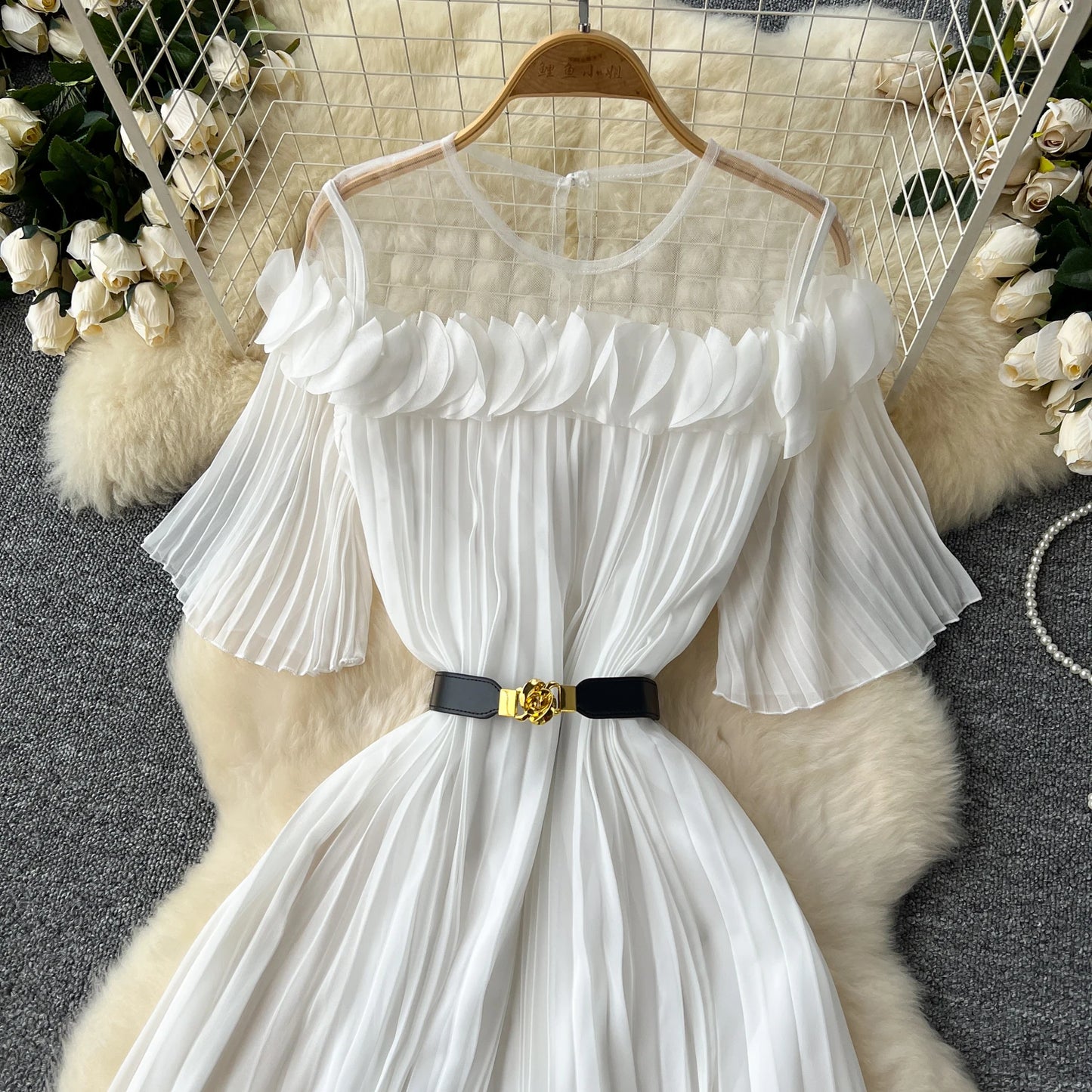 French mesh PATCHWORK Three-dimensional flower Sweet Dress Women Summer Waist Cinching pleated chiffon Dresses